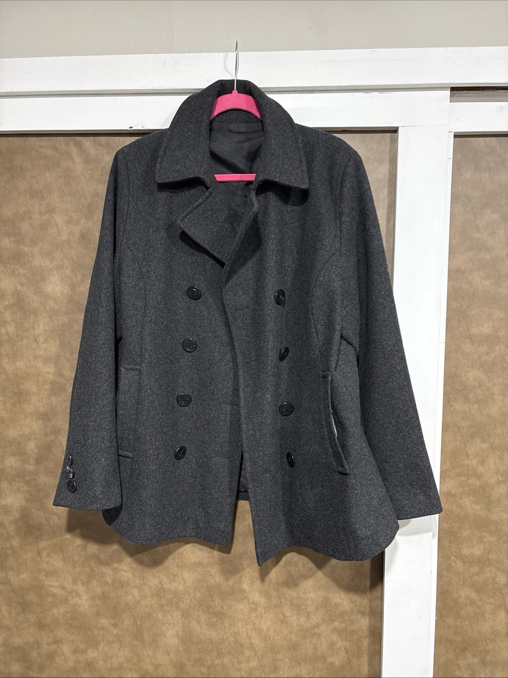 Women's Double-Breasted Wool Pea Coat - Charcoal Gray